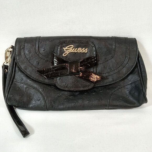 Guess Faux Ostrich Wristlet Purse Black - Picture 1 of 6